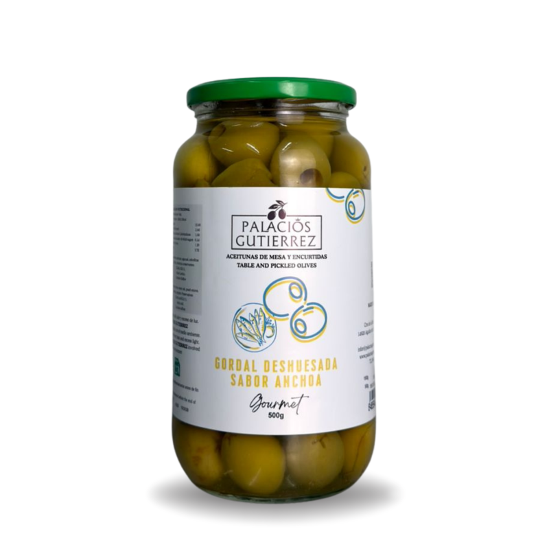 ACEITUNAS DESHUESADO GORDAL SABOR ANCHOA 500G - PALACIOS GUTIÉRREZ ACEITUNAS DESHUESADO GORDAL SABOR ANCHOA 500G - PALACIOS GUTIÉRREZ